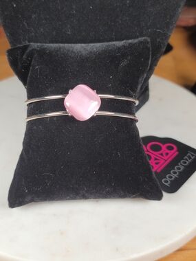 Paparazzi Silver-Tone Double Band Bracelet with Pink Cat's Eye Stone
